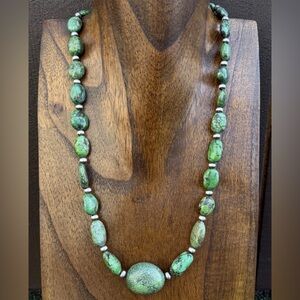 Sterling Silver Green Turquoise Nuggets W Pearls Bead Necklace. 20 Inch